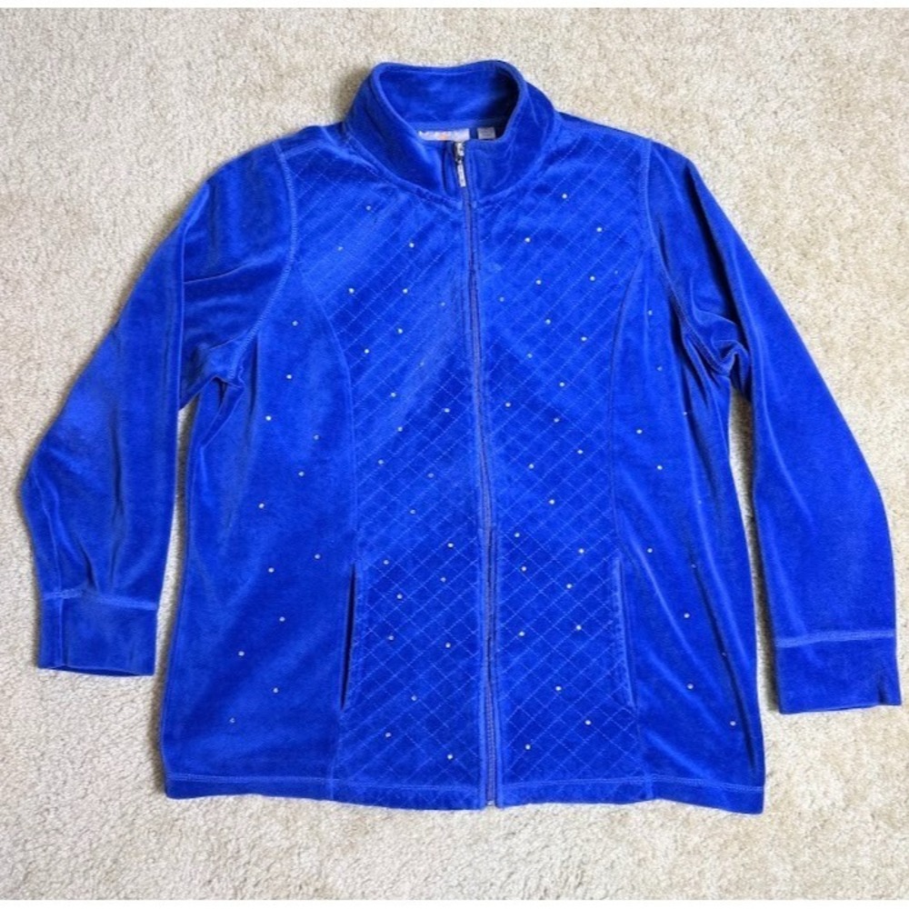 Quacker Factory Women's Royal Blue Velour Rhinestone Casual Zip Front Jacket L